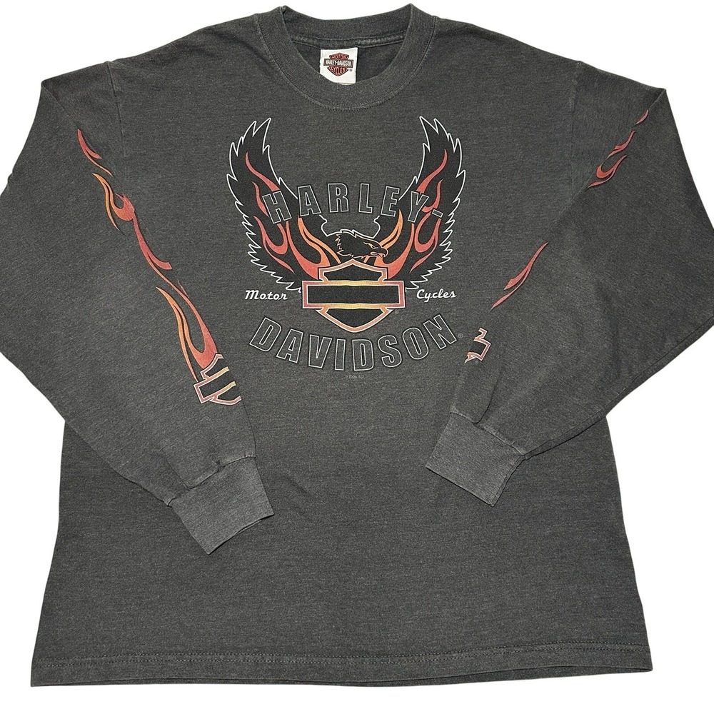 Harley Davidson Gray Long Sleeve T-Shirt Eagle Flame‎ Graphic